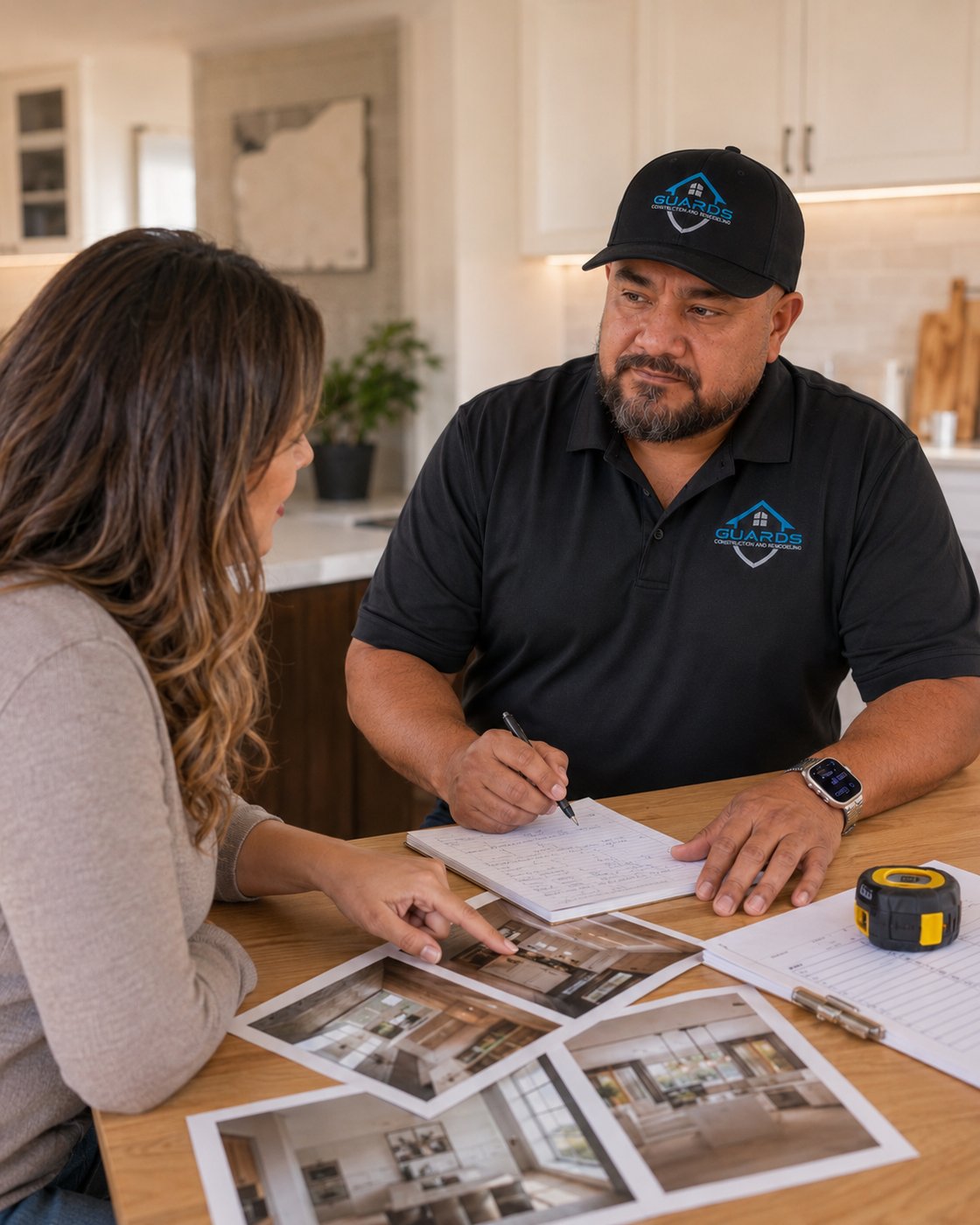 Homeowner and Sergio reviewing inspiration photos and notes during a discovery call
