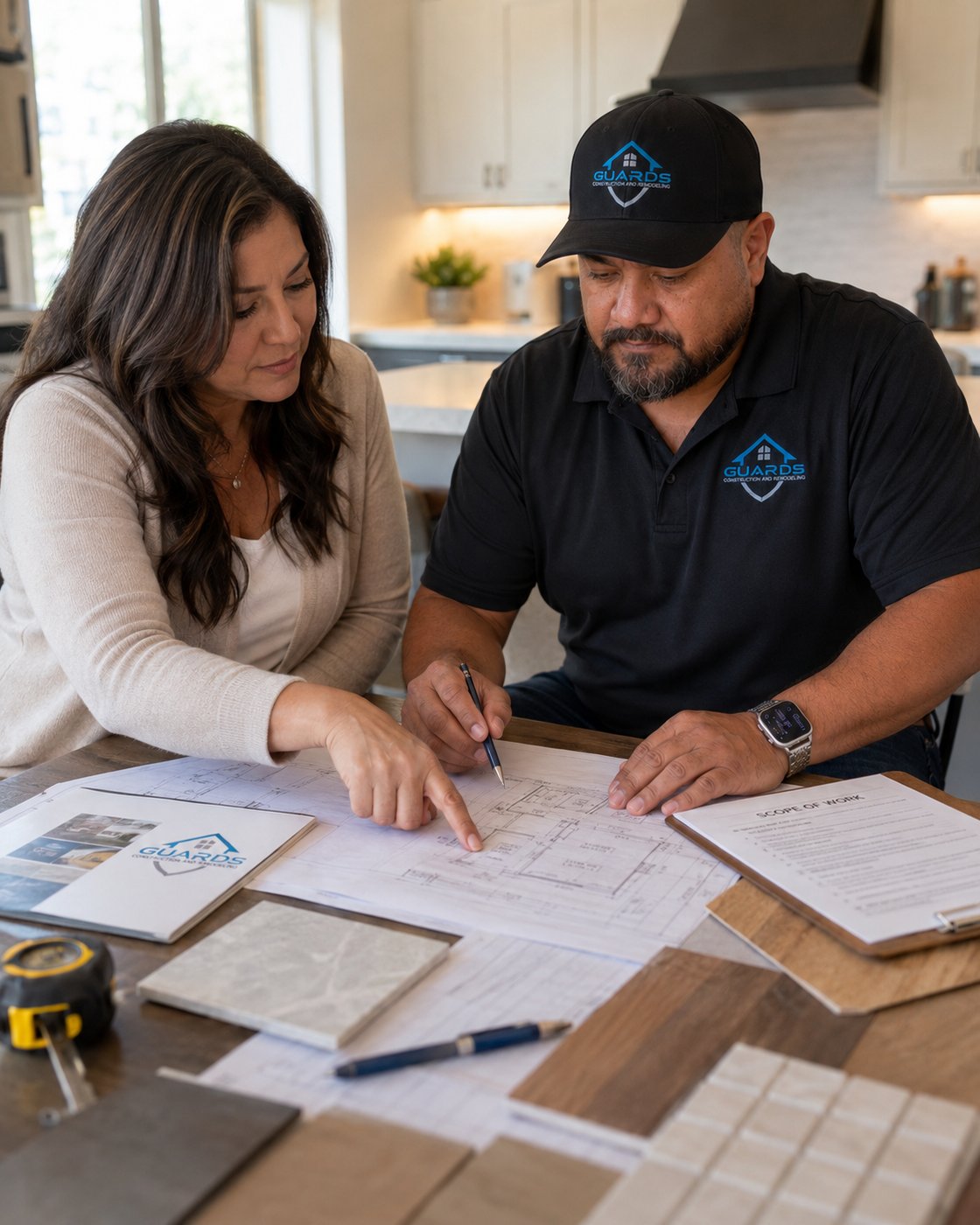 Reviewing floor plans and material samples during the planning phase