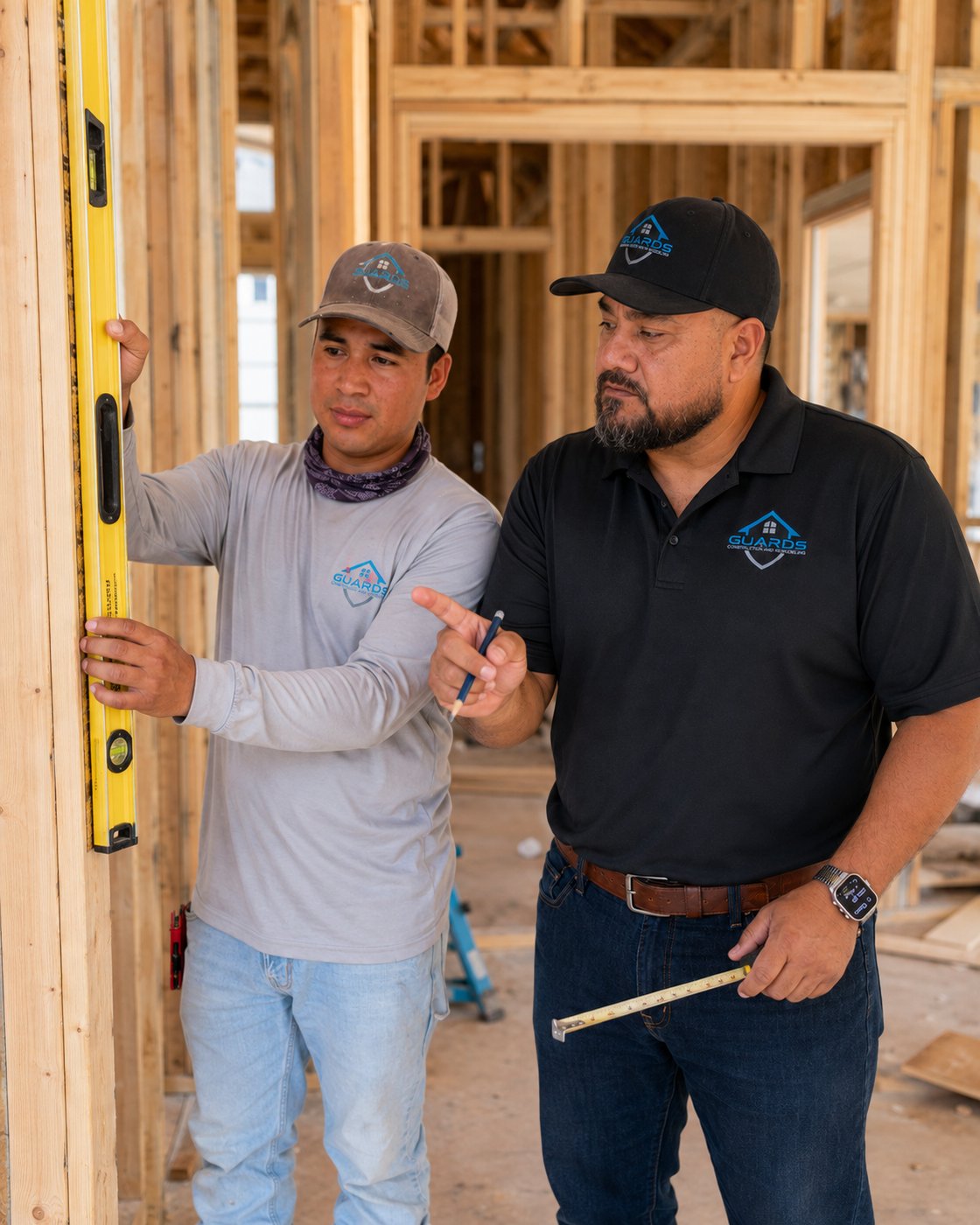 Sergio and a crew member checking framing with a level on site