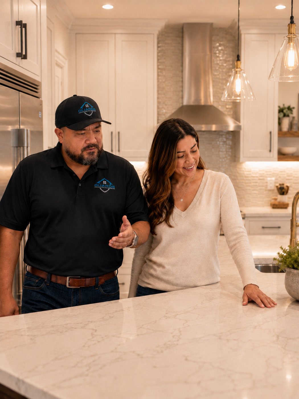 Sergio and homeowner in the finished kitchen during the final walkthrough