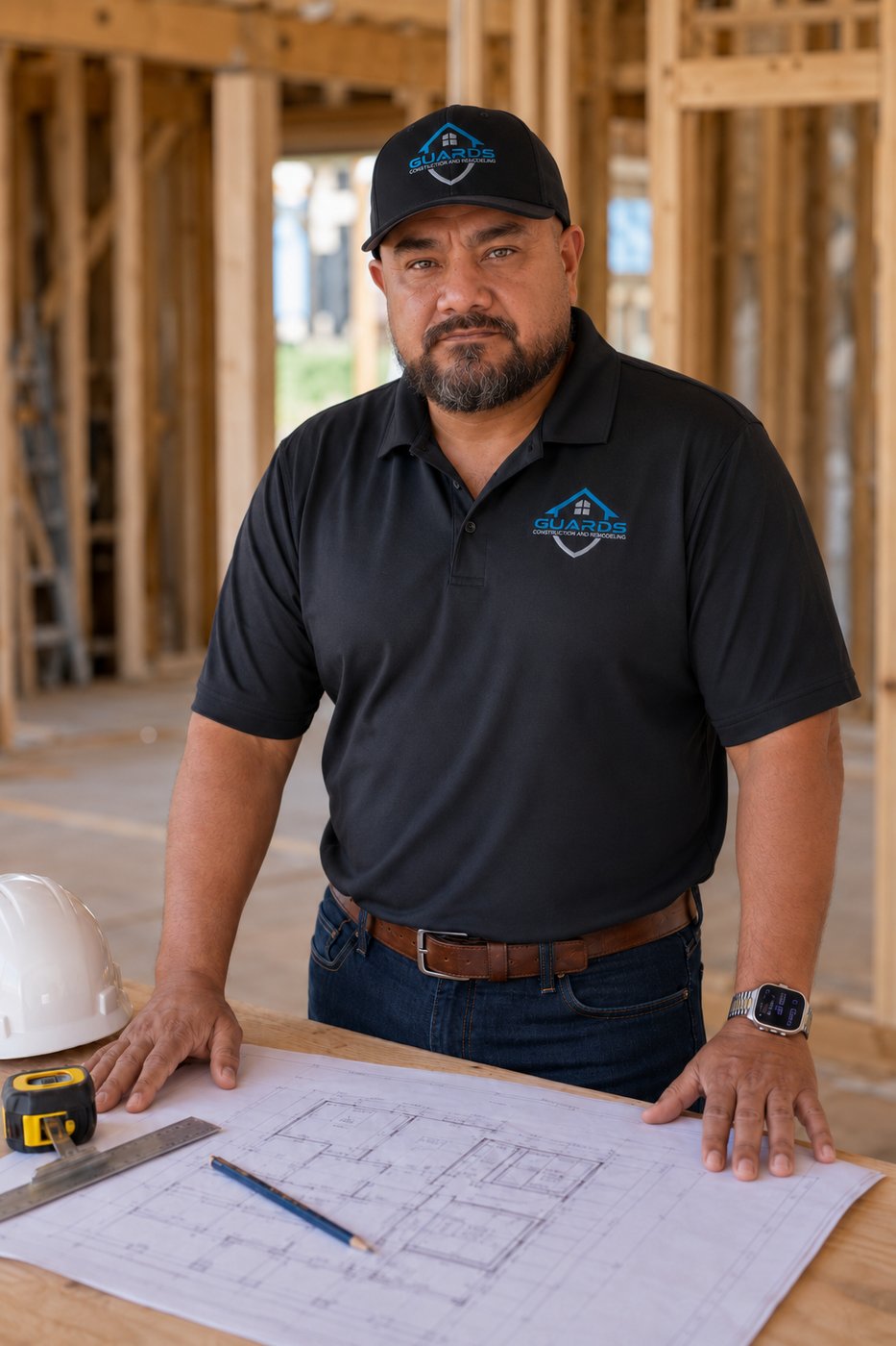 Sergio Guardiola, owner of Guards Construction and Remodeling, reviewing blueprints on a framed job site